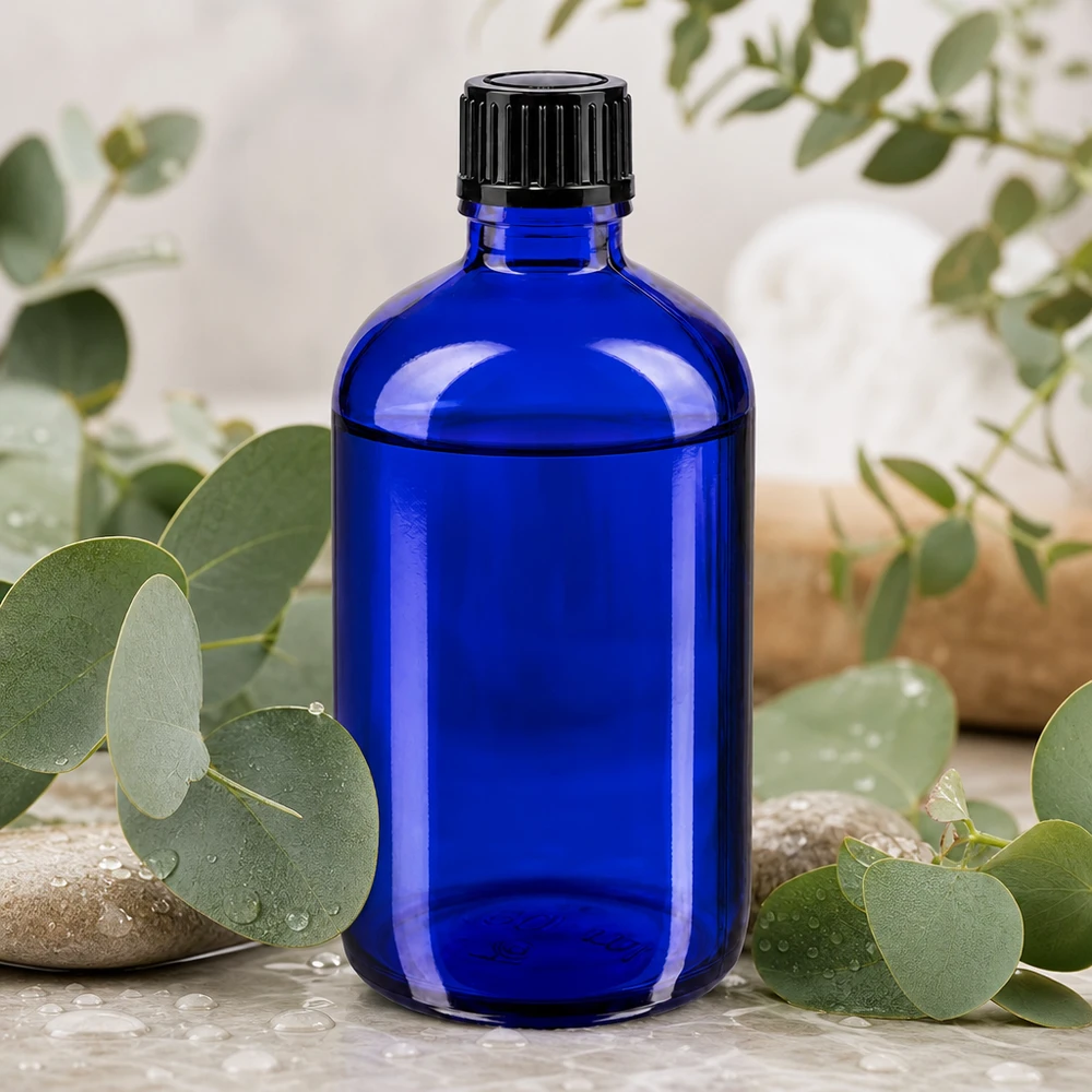Lékárenská láhev modrá 100ml kapátko uzávěr 1mm černý standardní Blaue Glasflasche 100ml mit schwarzem Verschluss ideal für ätherische Öle Hydrolate und Seren