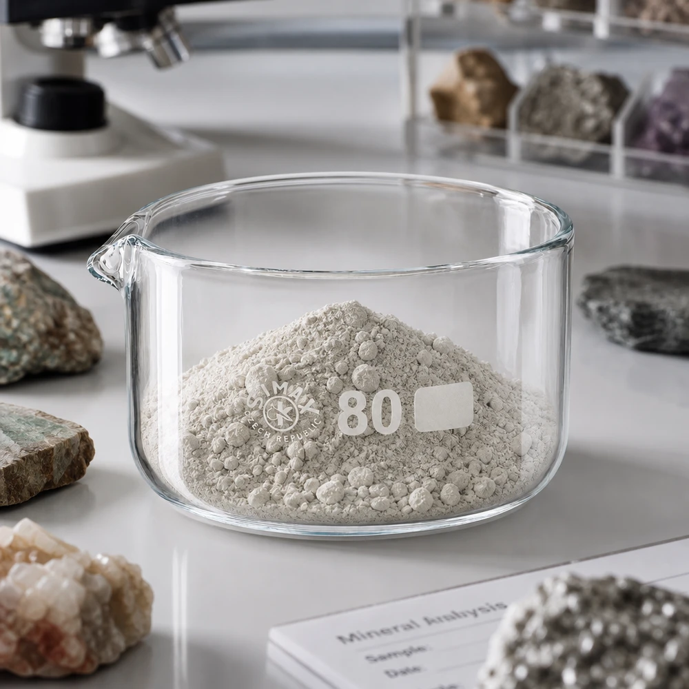 150ml krystalizační miska s výlevkou borosilikátová ø80mm Kristallisierschale 80mm mit Ausguss gefüllt mit gemahlenem Mineralgestein für Laboranalyse 150ml