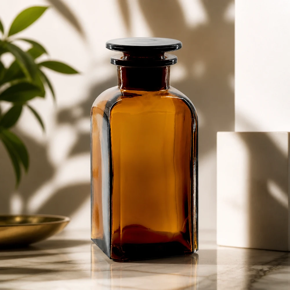 Čtvercová láhev 350ml hnědá skleněná zátka se širokým hrdlem Vierkantflasche 350ml UV-Schutz braun mit Glasstopfen für Laborchemikalien geeignet