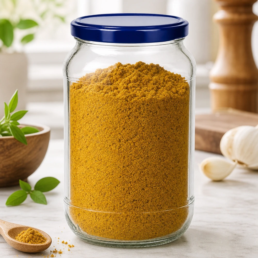 1062ml kulatá sklenice + víčko BasicSeal modré UNiTWIST 1062ml Rundglas BasicSeal Deckel blau UNiTWIST mit Curry-Gewürzpulver gefüllt Küchenszene Gewürzdose