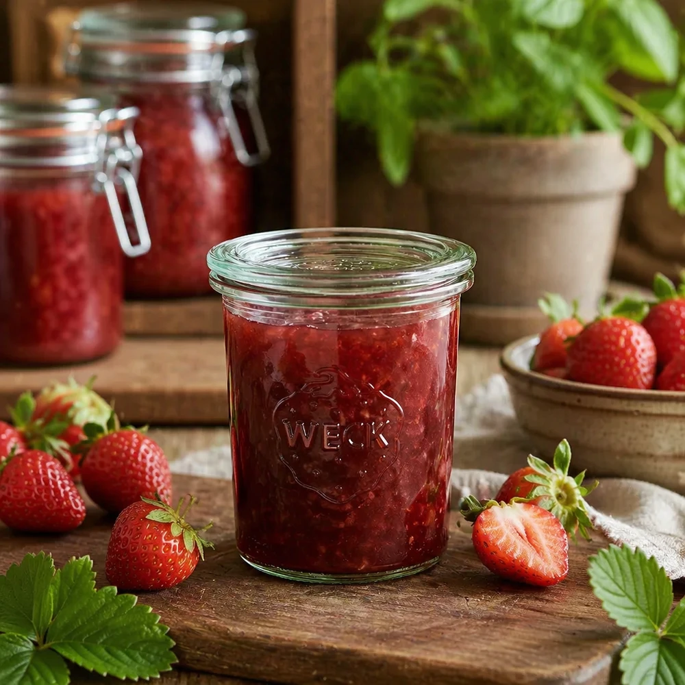 WECK Sturzglas RR60 160ml mit hausgemachter Erdbeermarmelade gefüllt, umgeben von frischen Erdbeeren auf Holztisch