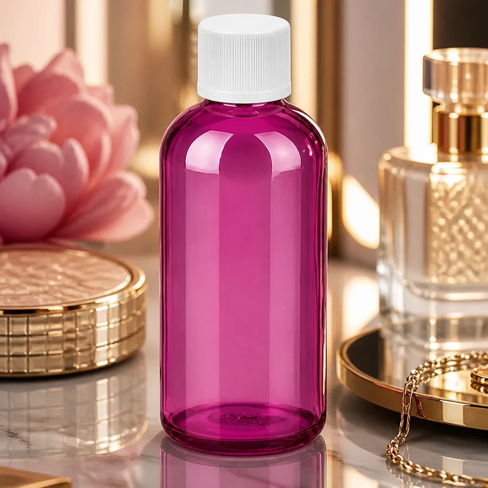 100ml láhev PurpleLine se šroubovacím uzávěrem o průměru 11 mm bílá standardní odolná proti otevření dětmi. UT18/100 Stilvolle purple Kosmetikflasche 100ml mit standardisiertem UT18 Verschluss für Beauty-Routine
