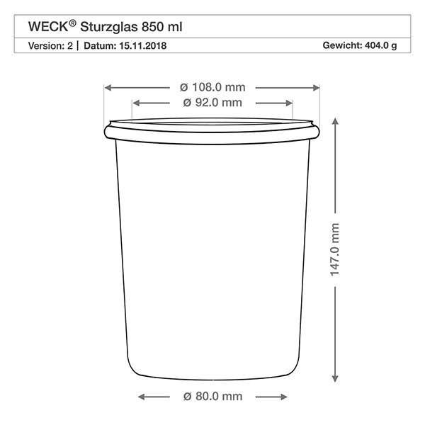 850ml tumble jar WECK RR100 s dřevěným dřevem. Technische Zeichnung WECK Sturzglas 850ml RR100 mit Maßangaben und Spezifikationen für präzise Produktinformation