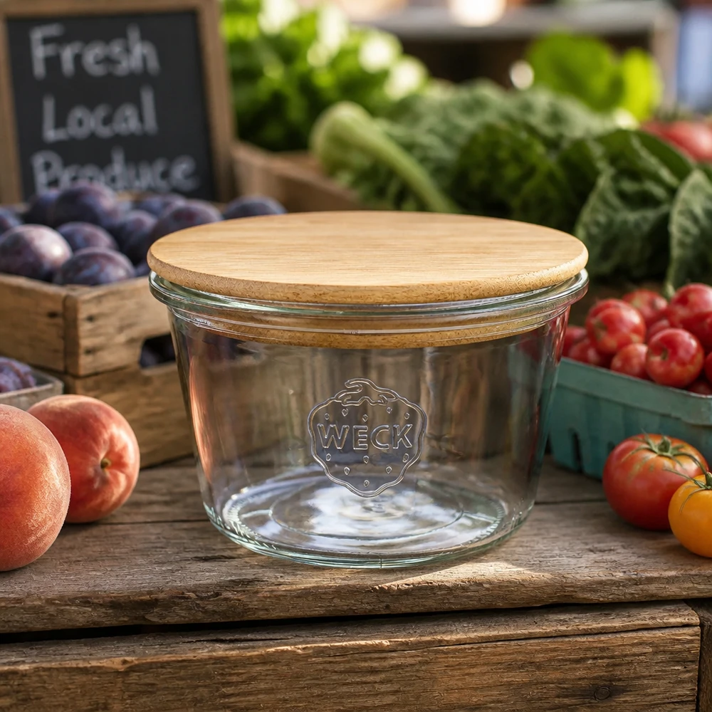 WECK RR100 Sturzglas 370ml mit Bambusdeckel auf Holztisch umgeben von frischem Obst und Gemüse vom Markt