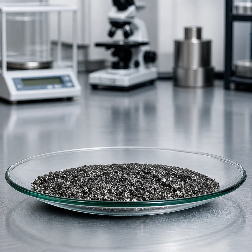 Skleněná miska na hodinky ø110 mm Uhrglasschale 110 mm Durchmesser mit körnigem Analysenmaterial in moderner Laborausstattung