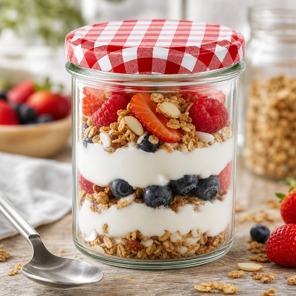 350ml kelímky + víčko BasicSeal červené/bílé UNiTWIST. 350ml Sturzglas als Joghurt-Parfait mit Beeren und Müsli geschichtet, rot-weißer Deckel, kreative Küchennutzung