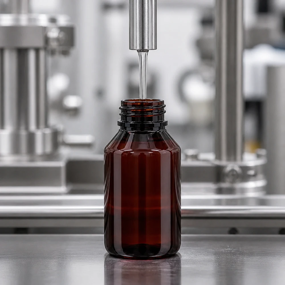 PET láhev 50ml se standardním bílým uzávěrem s ochranou proti manipulaci. Průhledná jantarově zbarvená PET láhev o objemu 50 ml se strojově plní tekutinou