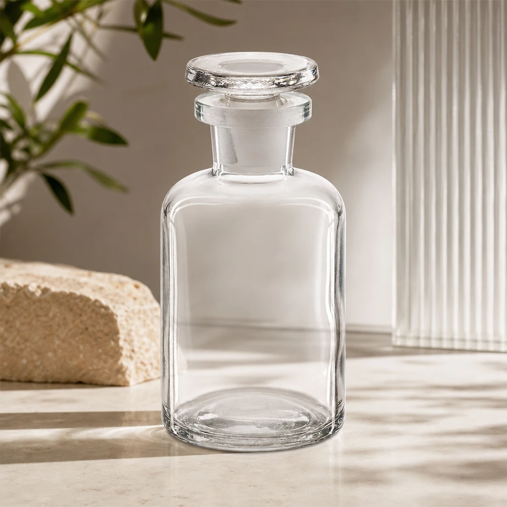 Kulatá lahvička s raménkem 50 ml čirá skleněná zátka s úzkým hrdlem Dekorative Klarglasflasche 50ml Rundschulter mit Enghals und massivem Glasstopfen