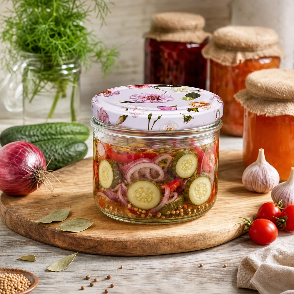 230ml Zylinderglas mit BasicSeal Deckel Blume rosa für eingelegte Gurken - Pickles und Konserven in Küche