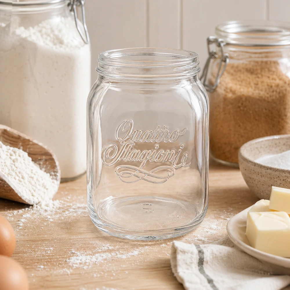 2000ml kulatá zavařovací sklenice "Quattro Stagioni" QS110mm Quattro Stagioni 2000ml Vorratsglas in Küche mit Mehl und Küchenutensilien für stilvolle Lebensmittelaufbewahrung
