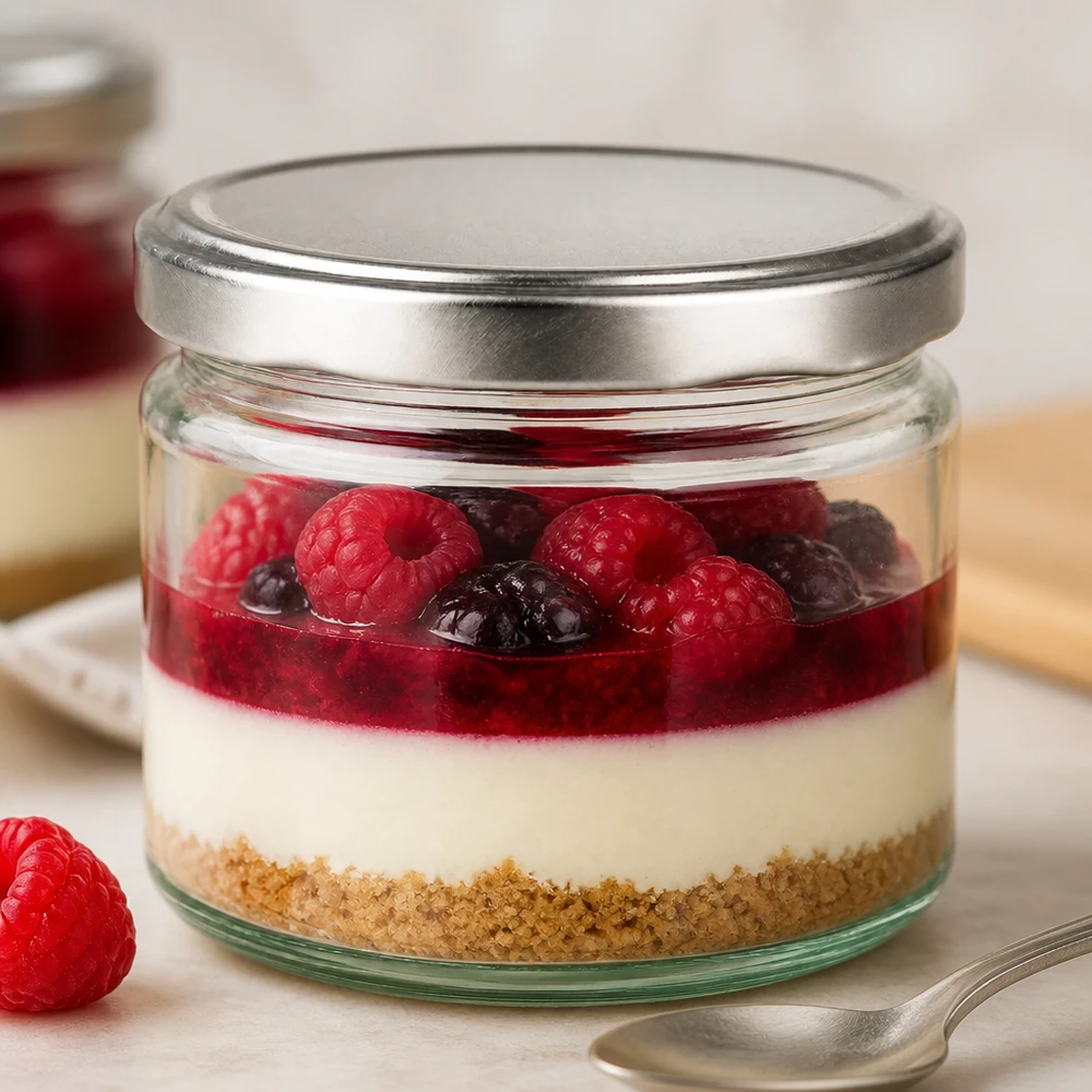 330ml kulatá skleněná nádoba s víčkem BasicSeal stříbrná UNiTWIST. 330ml Rundglas mit BasicSeal Deckel silber gefüllt mit Dessert Himbeeren Blaubeeren Cheesecake im Glas