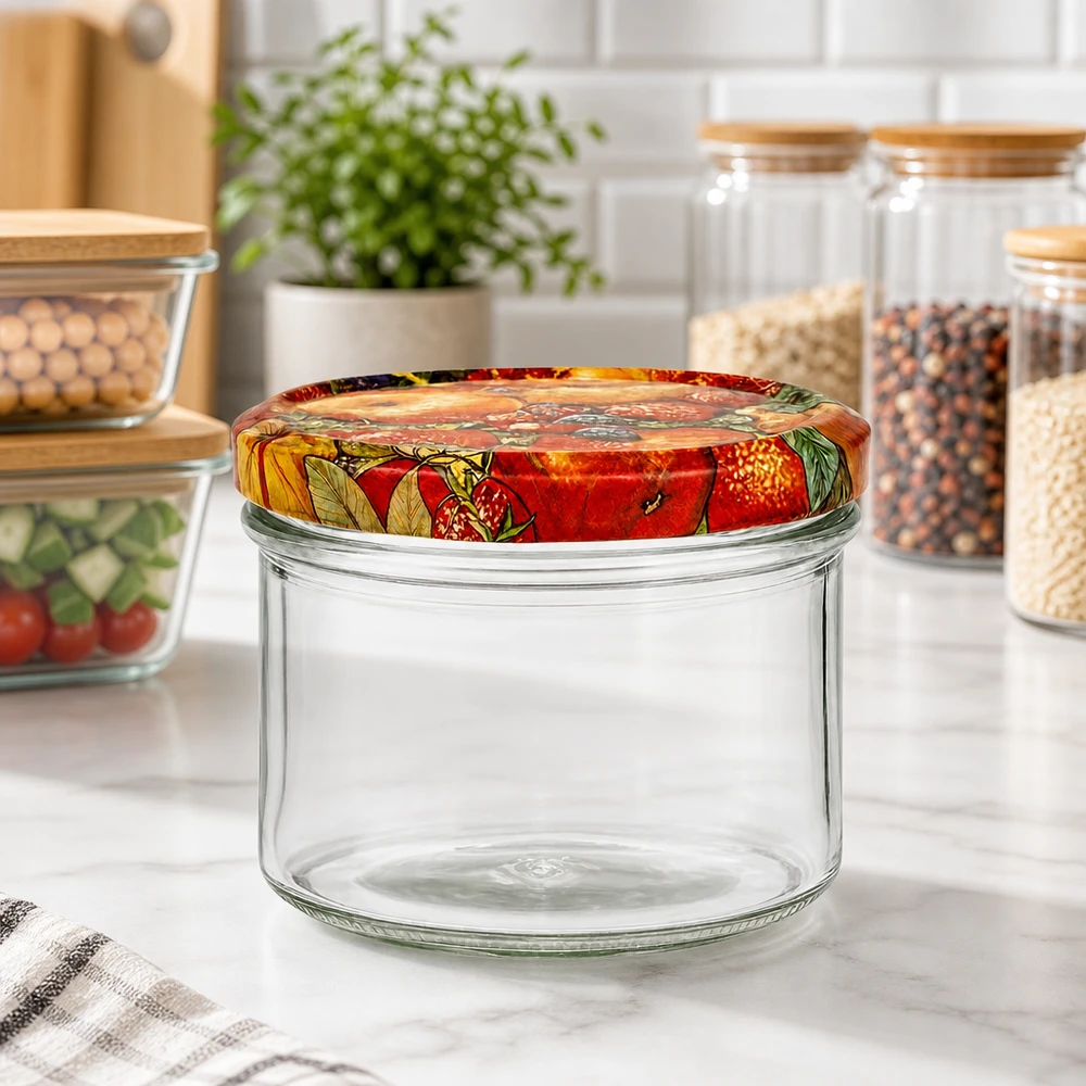 225ml kelímky + víčko BasicSeal s dekorem ovoce UNiTWIST 225ml Sturzglas mit Obst-Dekor Deckel in moderner Küche, leeres Vorratsglas zwischen anderen Konservengläsern