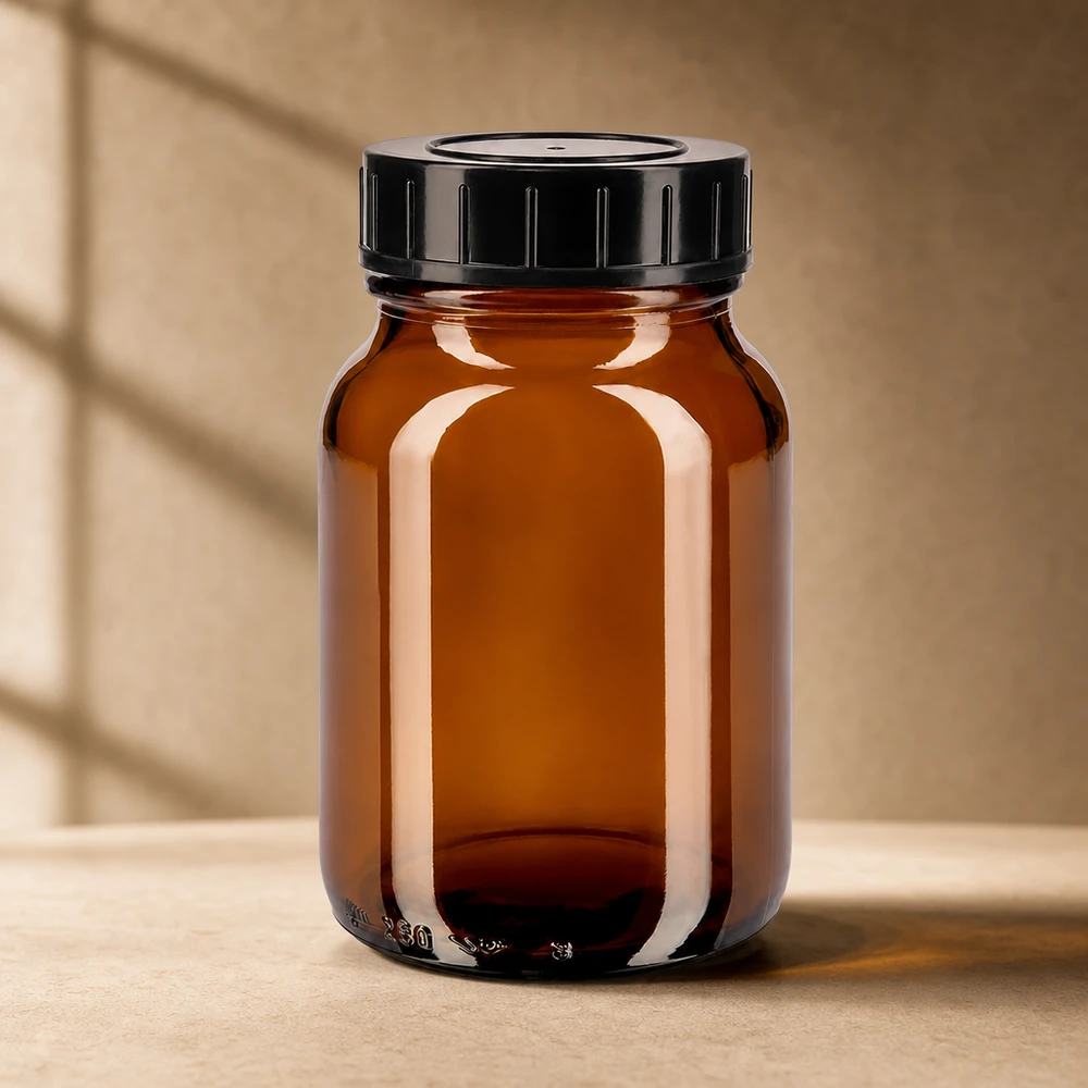 250ml láhev se širokým hrdlem jantarové sklo se šroubovacím uzávěrem. Umweltfreundliche Braunglasflasche 250ml mit recycelbarem Deckel für nachhaltige Lagerung