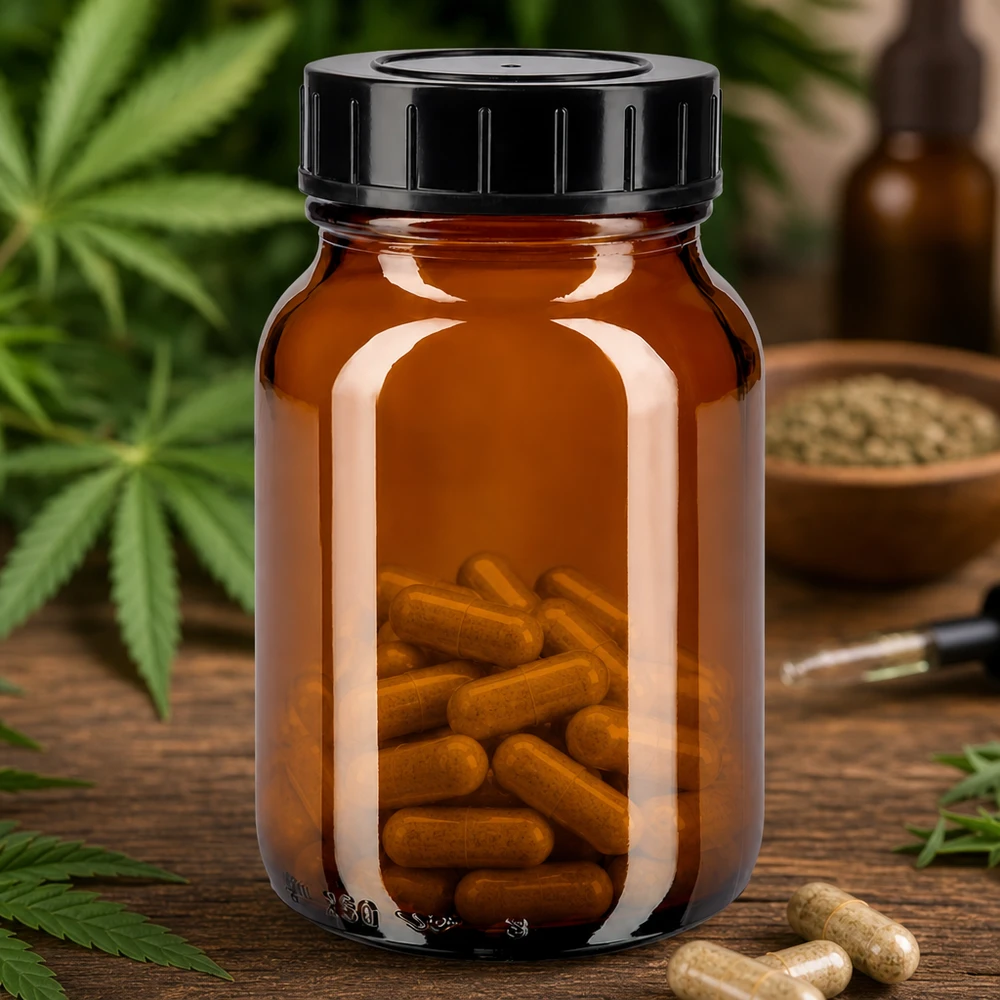 250ml láhev se širokým hrdlem jantarové sklo se šroubovacím uzávěrem.
