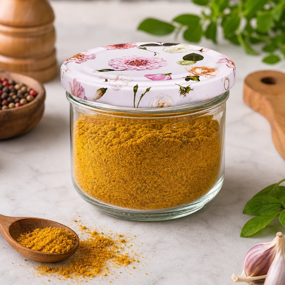 BasicSeal Sturzglas 260ml mit Blumendeckel gefüllt mit Kurkuma-Gewürz - Gewürzaufbewahrung in dekorativem Vorratsglas