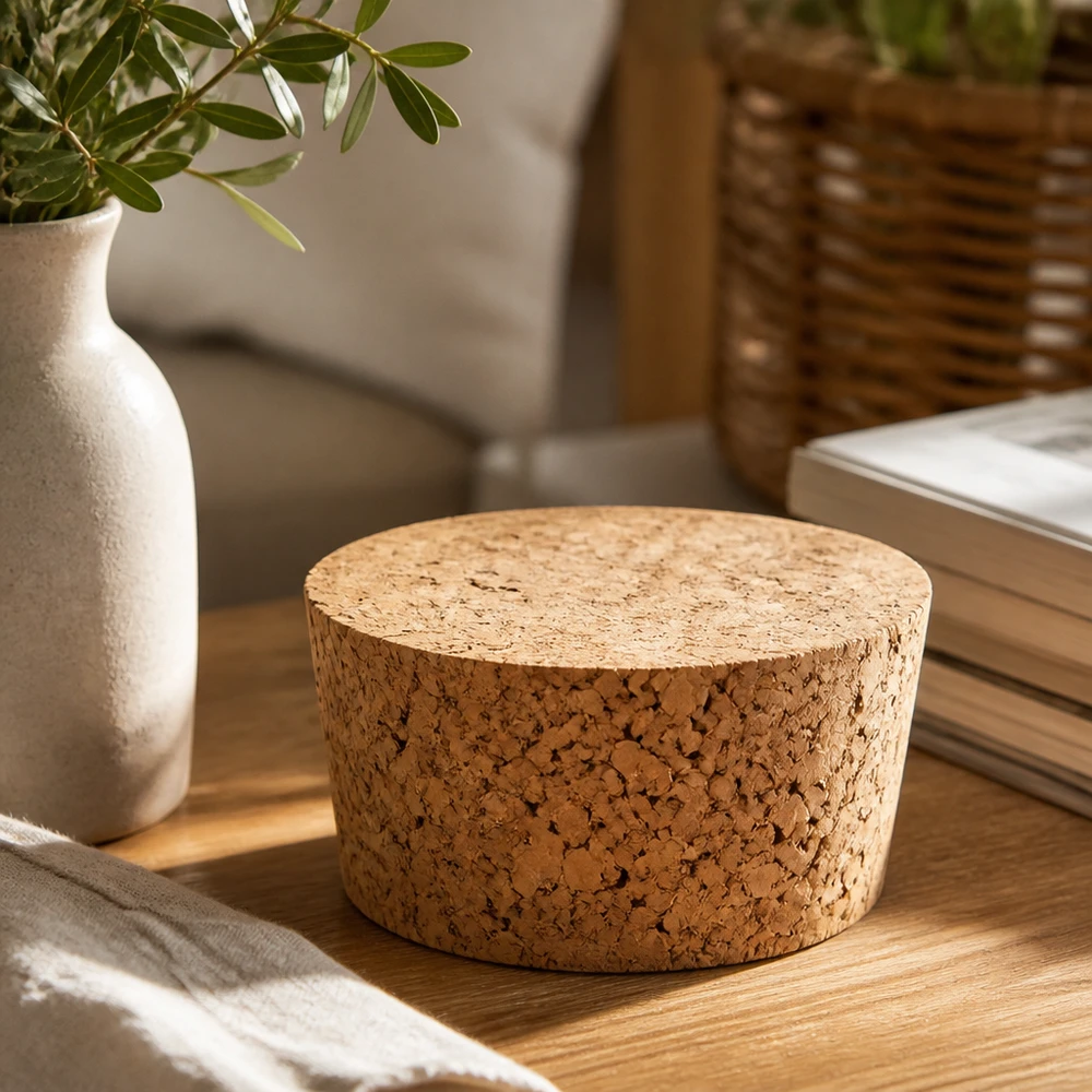 WECK Korken RR40 Naturkork Verschluss auf Holztisch mit Vase und Büchern stilvolle Wohnraumdekoration 40mm Öffnung