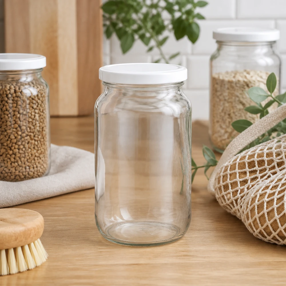 1062ml kulatá sklenice s víčkem BasicSeal bílá UNiTWIST 1062ml Rundglas BasicSeal Deckel leer auf Küchentheke mit Vorratsgläsern und Küchenutensilien Zero Waste Küche