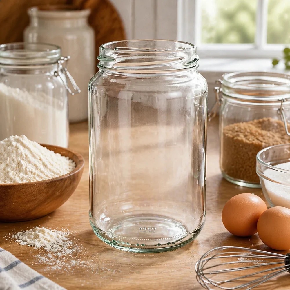 Kulatá sklenice o objemu 375 ml bez víčka (TO63) UNiTWIST UNiTWIST Runda375 Rundglas in Küche mit Backzutaten Mehl Eiern und anderen Vorratsgläsern als Küchenausstattung