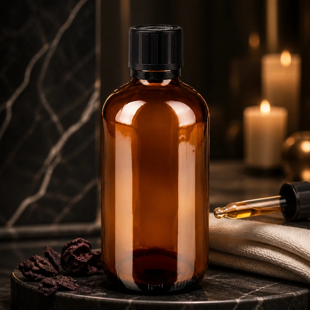 Lékárenská láhev hnědá 100ml kapací uzávěr Premium 1mm černý Dětem odolný výstražný symbol proti manipulaci Uzávěr proti manipulaci. Bernsteinfarbene Glasflasche 100ml mit schwarzem OV Verschluss für ätherische Öle und Tinkturen