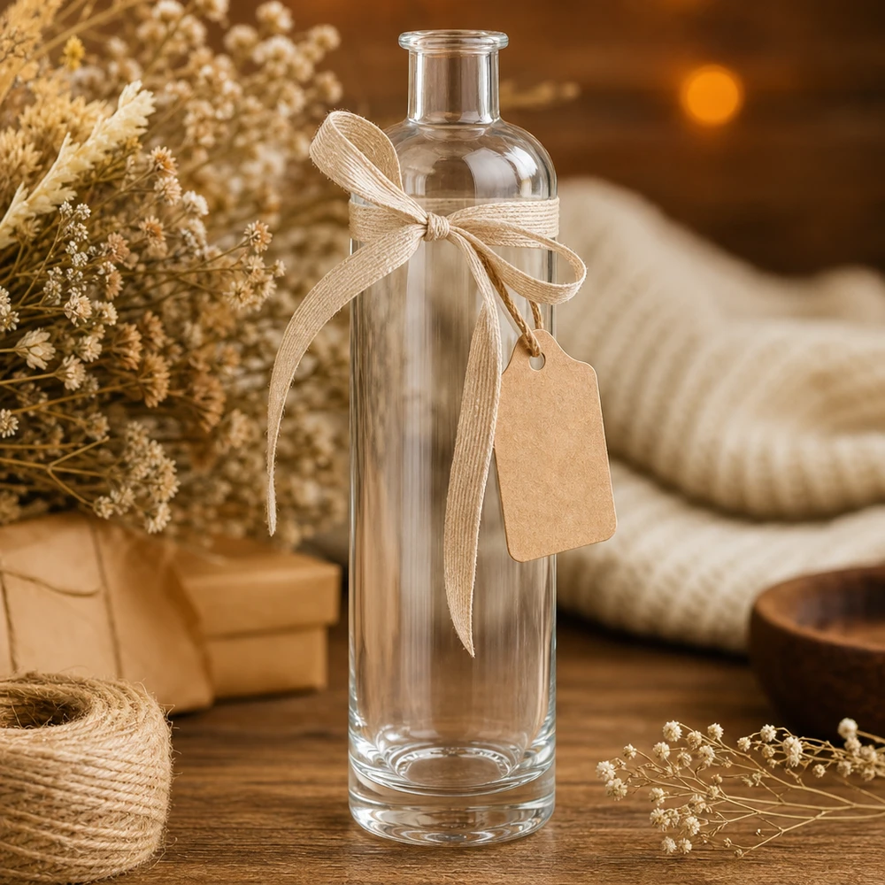 500ml Glasflasche Ella UNiTWIST als Geschenkverpackung dekoriert mit Schleife und Anhänger rustikale Dekoration