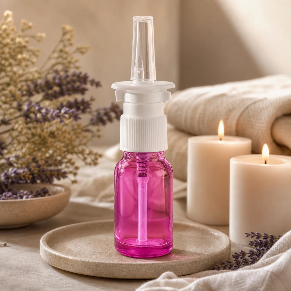 Handliche 10ml Glasflasche Purple Light mit Standardgewinde für professionelle Nasensprays
