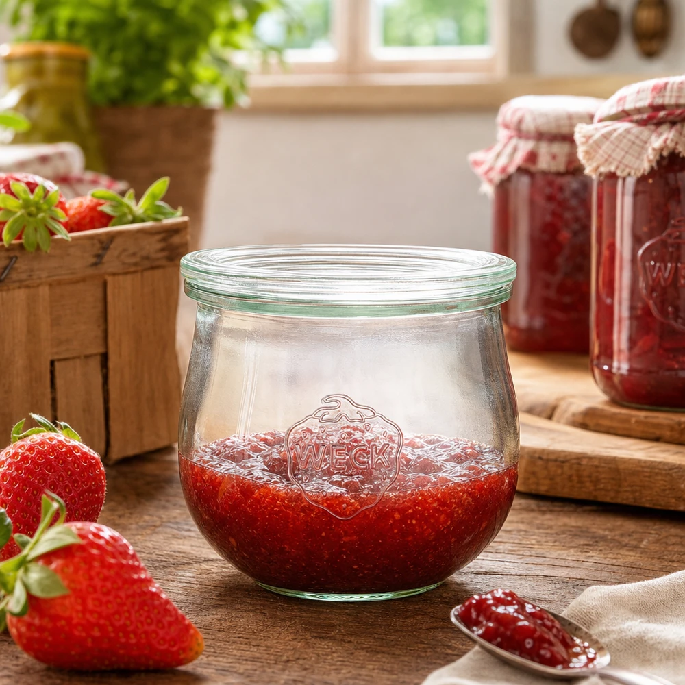 WECK Tulpenglas 370ml RR80 mit Erdbeermarmelade gefüllt in rustikaler Küche neben frischen Erdbeeren und Einmachgläsern