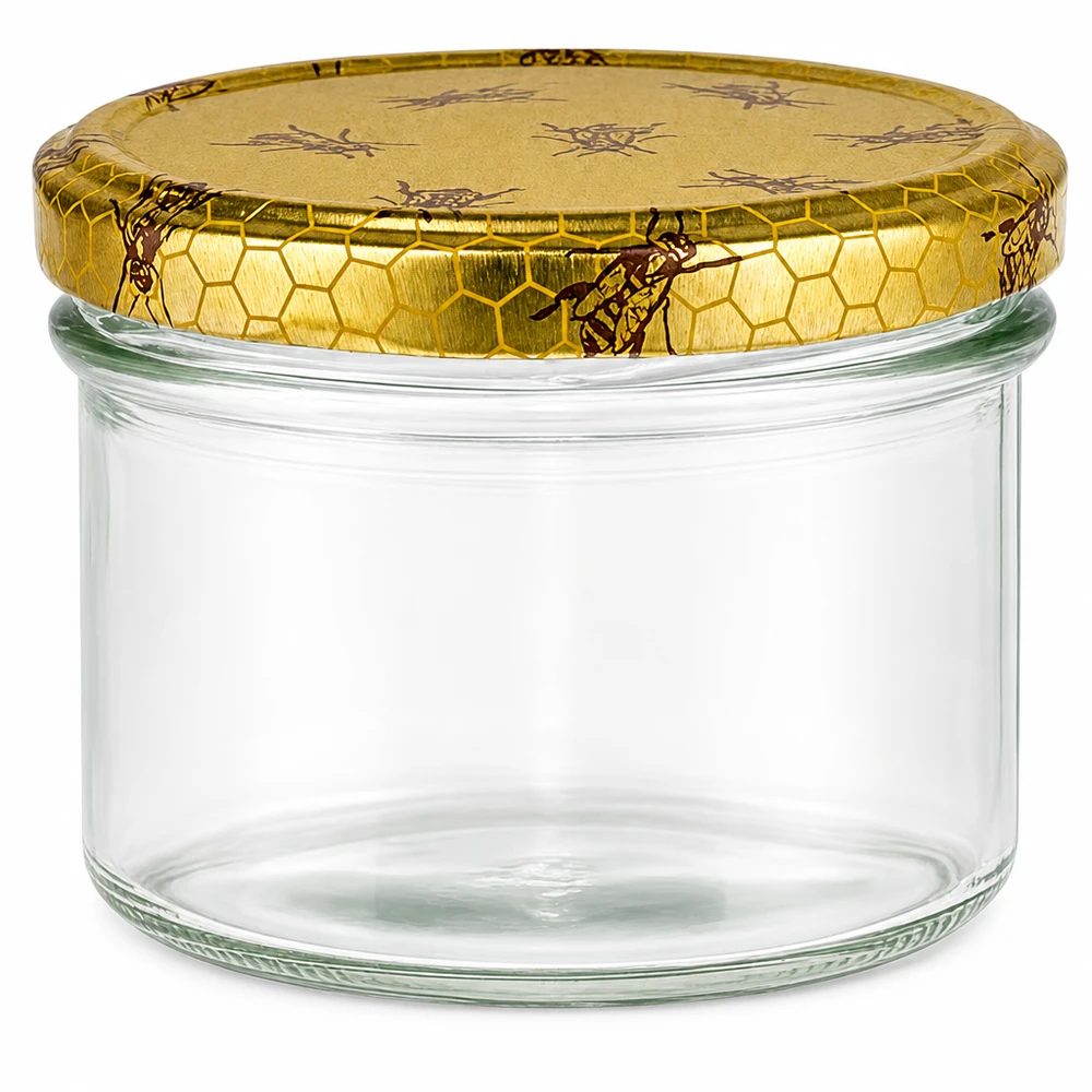 Skleněná nádoba o objemu 225 ml + víčko BasicSeal honeycomb UNiTWIST 225ml Sturzglas mit goldenem Bienenwaben-Deckel für Honig Marmelade Einmachglas leer Twist-Off Verschluss