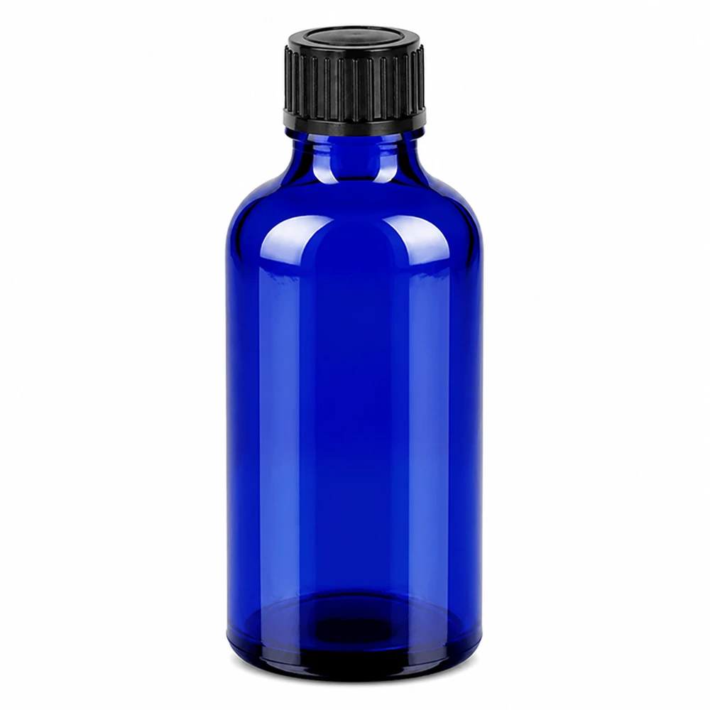 Elegante blaue Glasflasche 50ml mit gerilltem schwarzen Schraubverschluss für Labor und Praxis
