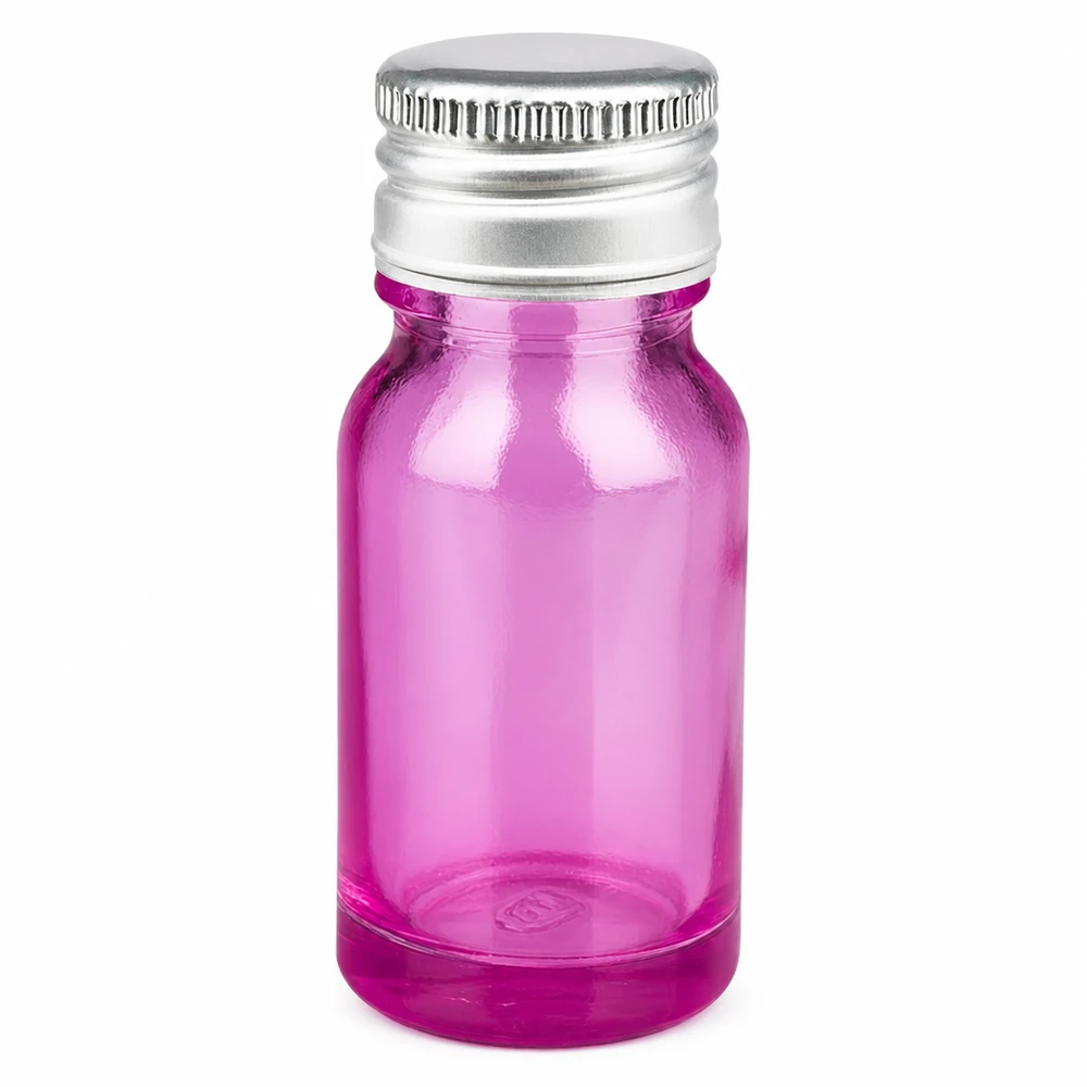 10ml Flasche aus transparentem Glas in lila Farbe mit praktischem Metallverschluss