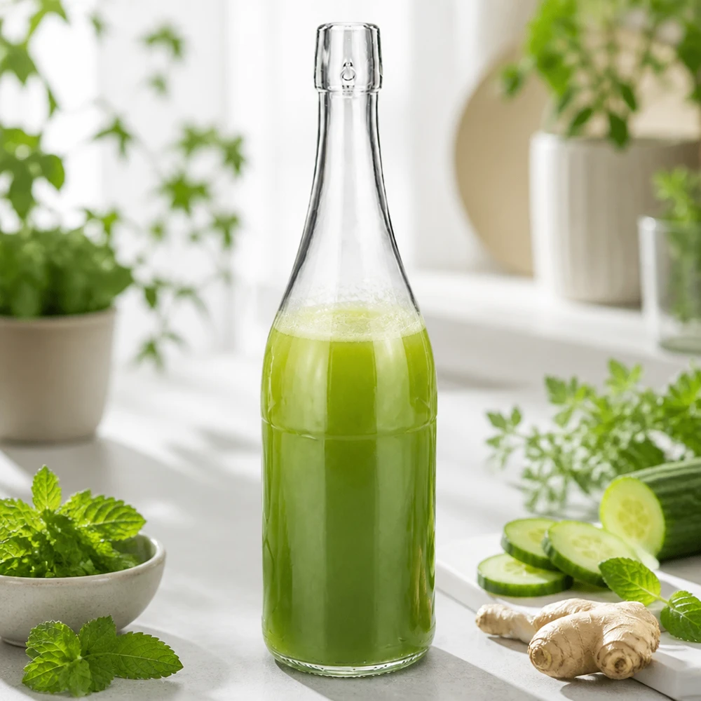 Skleněná láhev o objemu 750 ml bez výklopného víčka UNiTWIST 750ml UNiTWIST Glasflasche mit grünem Smoothie befüllt zwischen frischen Kräutern Gurken Ingwer gesunde Ernährung