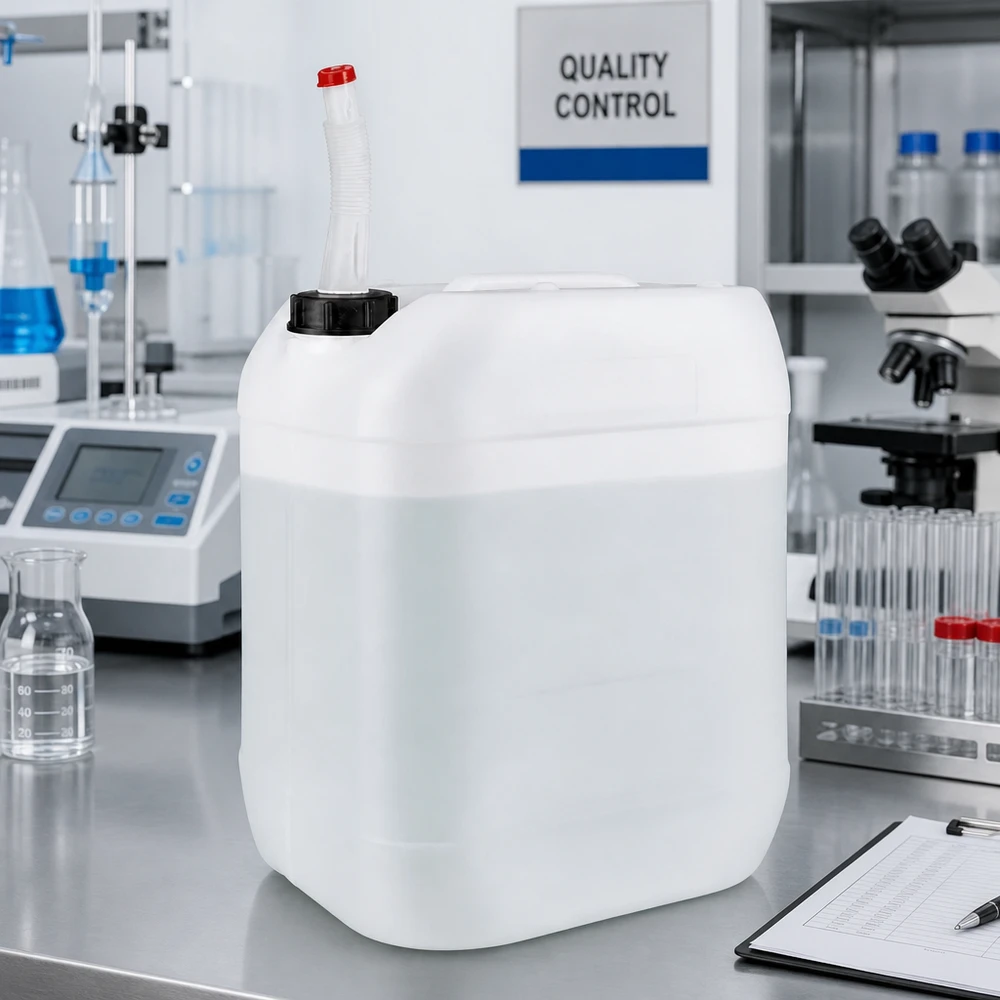 Kanystr o objemu 20 litrů s výpustnou trubkou Flex Stapelbarer Industriekanister 20L mit schwarzem Schraubdeckel und Flex-Ausgießer in Weiß