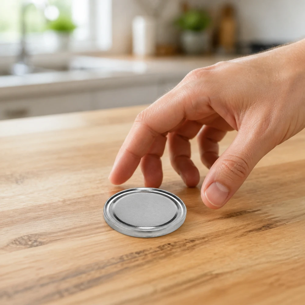 58mm víčko BasicSeal stříbrné (TO58) UNiTWIST Kulaté stříbrné víčko TO58 s odšroubovacím uzávěrem o průměru 58 mm značky BasicSeal leží na dřevěném stole v kuchyni