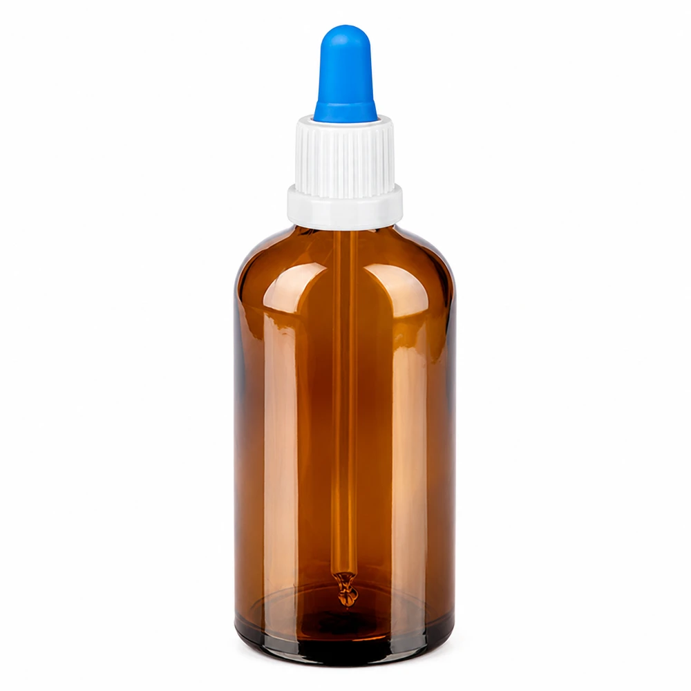 100ml pipetovací láhev bílá/modrý tamper evident uzávěr BrownLine UT18/100 UV-Schutz Glasflasche mit Pipette 100ml bernsteinfarben für lichtempfindliche Substanzen