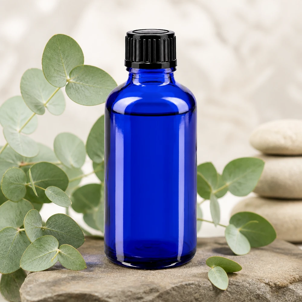Lékárenská láhev modrá 50ml kapátko 1mm černé standardní Lichtschutz-Glasflasche 50ml in Blau mit schwarzem Tropfverschluss für ätherische Öle