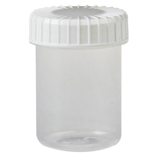 Průhledná šroubovací dóza 40 ml s černým víčkem s drážkou Průhledná šroubovací dóza 40 ml s černým víčkem s drážkou