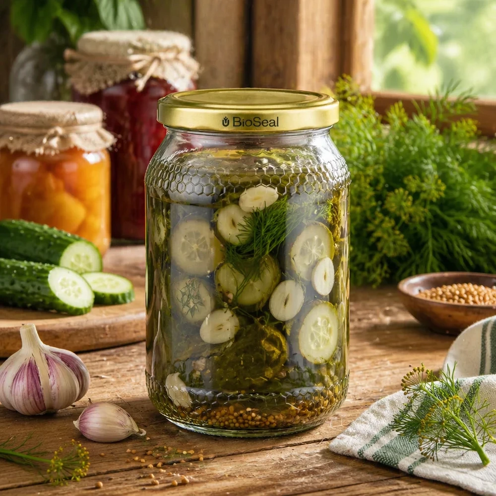 900ml Honigglas BioSeal Deckel gold mit eingelegten Gurken Dill Gewürzen Knoblauch rustikale Küchenszene Einmachglas