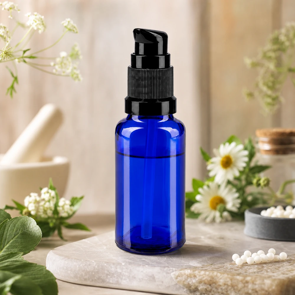Lékárenská láhev modrá 20ml s uzávěrem pumpy černá standardní Handliche 20ml Pumpflasche kobaltblau aus UV-Schutzglas mit schwarzem Standardpumpkopf