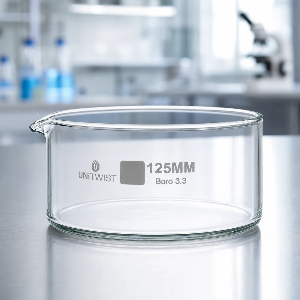 Krystalizační miska ø125mm z borosilikátového skla UNiTWIST Kristallisierschale 125mm UNiTWIST weithalsige Schale aus klarem chemikalienbeständigem Glas