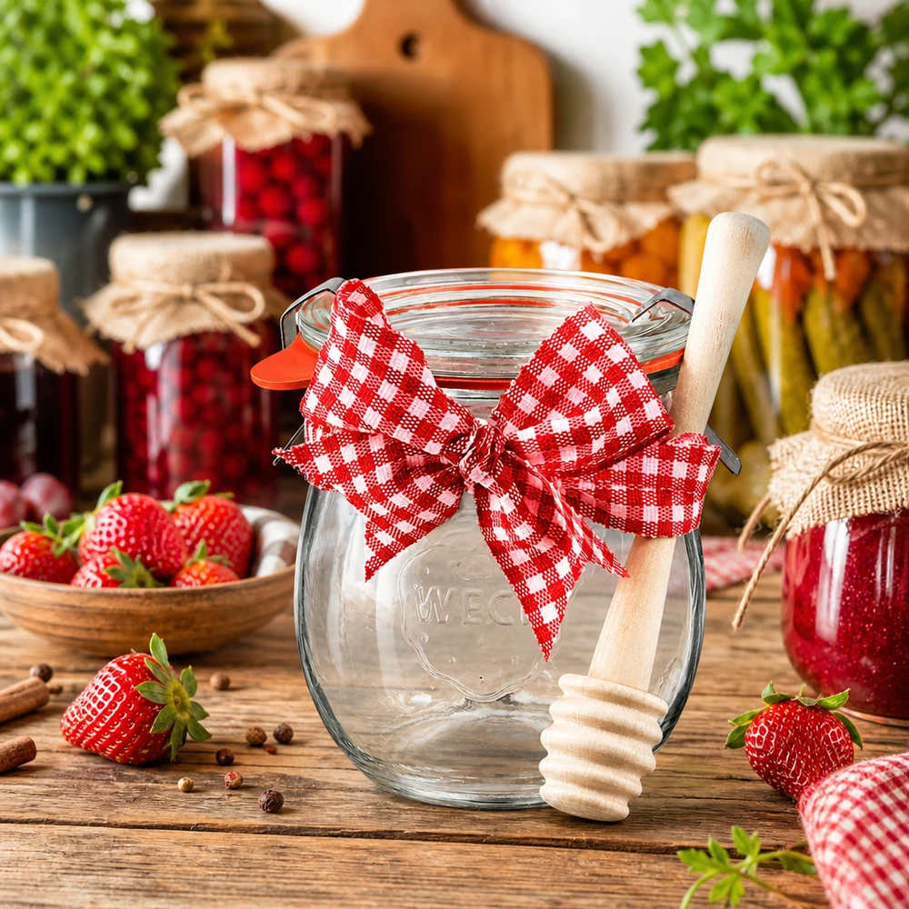 Einmachglas WECK 220ml mit roter Schleife und Holz-Honiglöffel, umgeben von Marmeladengläsern und Erdbeeren