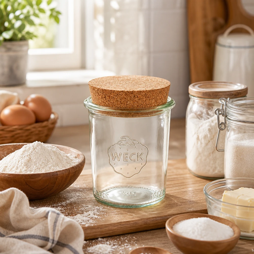 WECK Sturzglas 160ml RR60 mit Korken auf Holzbrett in warmer Küche umgeben von Backzutaten Mehl und Eiern