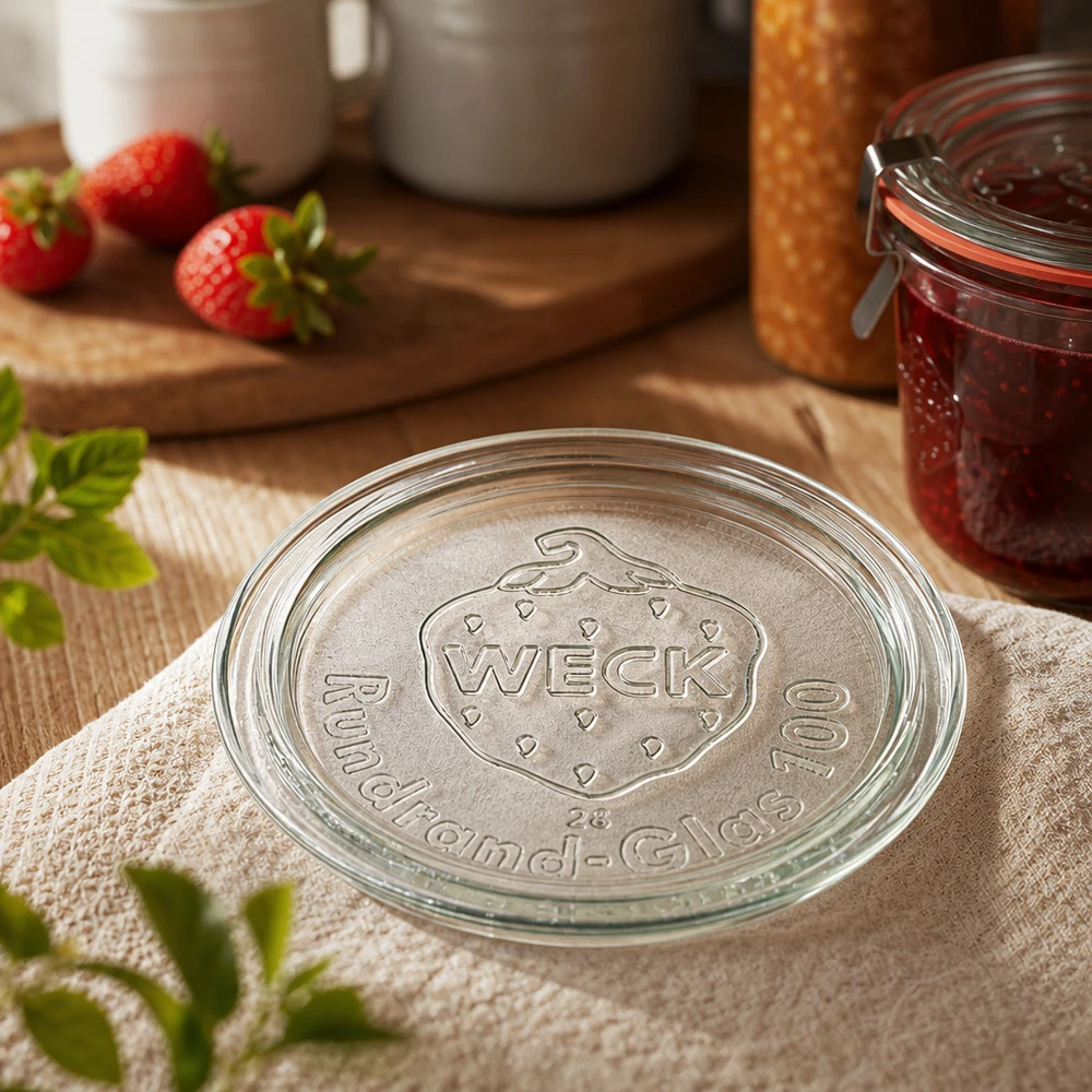 Skleněné víčko WECK RR100 WECK Glasdeckel RR100 Detailaufnahme mit geprägtem Markenlogo auf Küchentuch neben Erdbeermarmelade im Glas