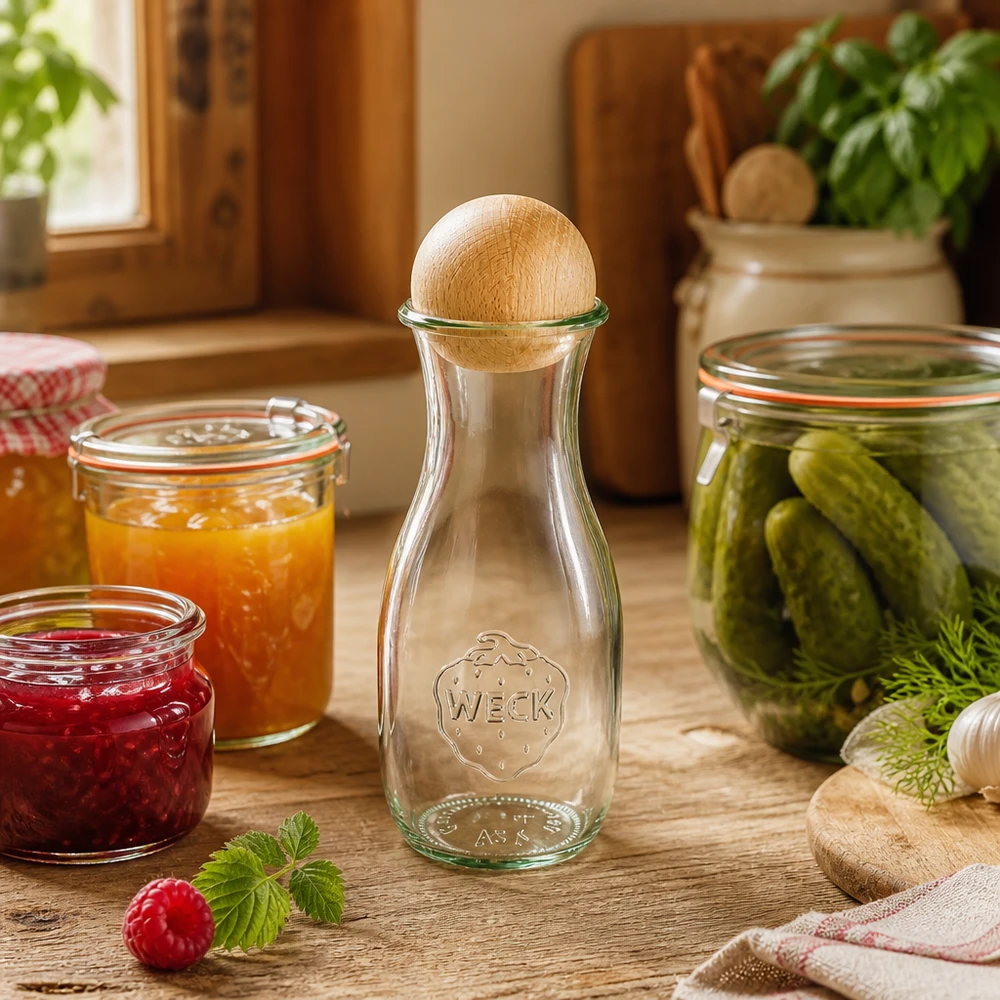 530ml láhev na džus WECK RR60 s dřevěnou kuličkou buk WECK Saftflasche 530ml mit Holzverschluss in rustikaler Küche neben Einmachgläsern mit Marmelade und Gurken