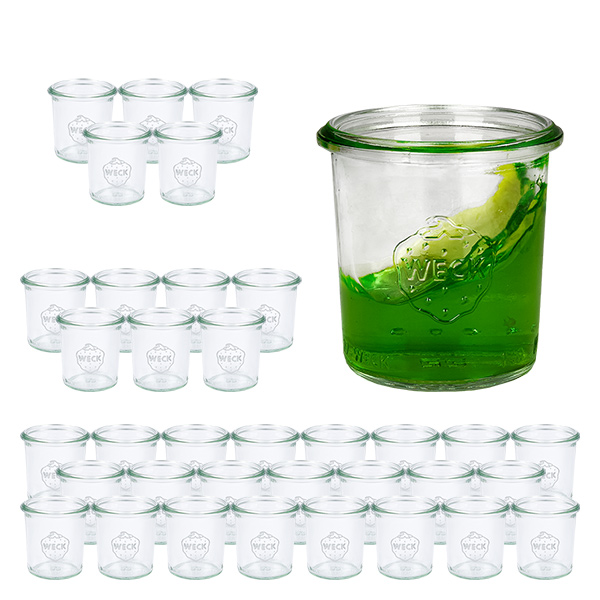 Sada 36 sklenic Weck o objemu 140 ml se skleněnými víčky.