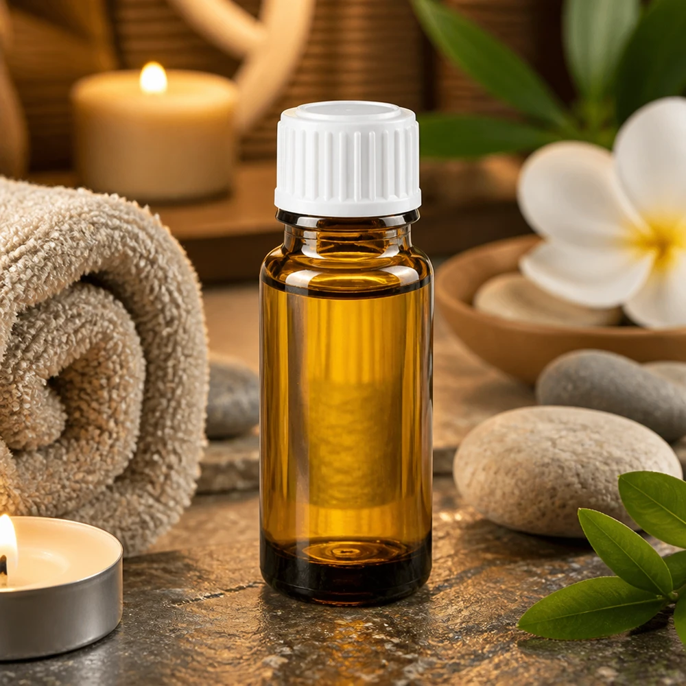 Braune Glasflasche 10ml für ätherische Öle weißer Schraubdeckel neben Plumeria-Blüte