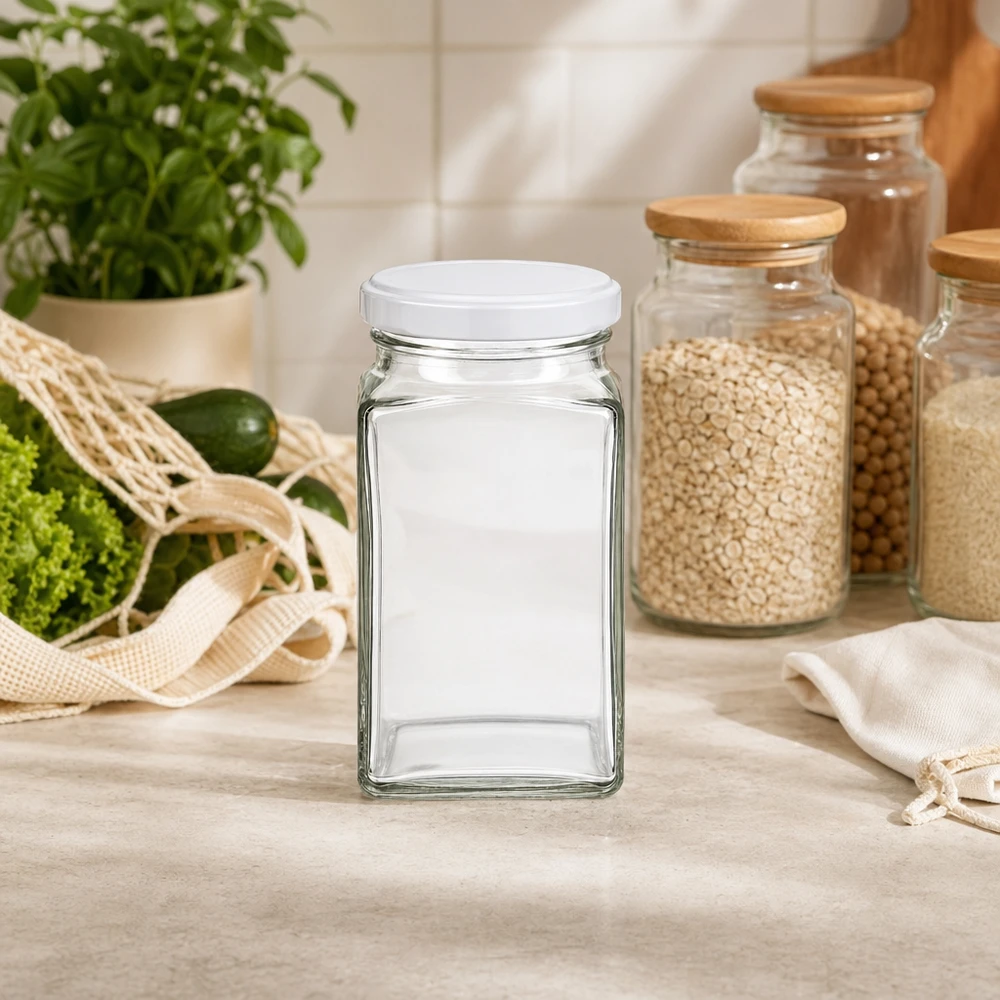 260ml tetra sklenice s víčkem BasicSeal bílá UNiTWIST. 260ml Tetraglas leer mit weißem Deckel in moderner Küche neben Vorratsgläsern mit Getreide nachhaltige Aufbewahrung