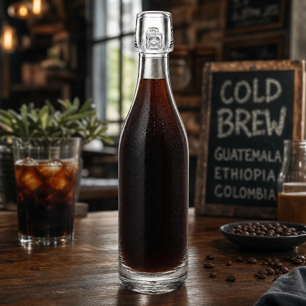 Skleněná lahvička 50 ml bez otočného uzávěru UNiTWIST 50ml Glasflasche UNiTWIST mit Cold Brew Kaffee befüllt auf Holztisch mit Kaffeebohnen und Glas