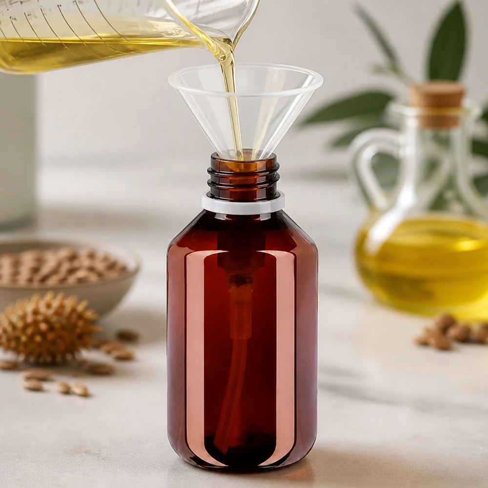 PET láhev 100ml s dávkovací pumpičkou bílá Nachfüllbare Flasche 100ml PET bernsteinfarben mit Trichter beim Abfüllen von Öl