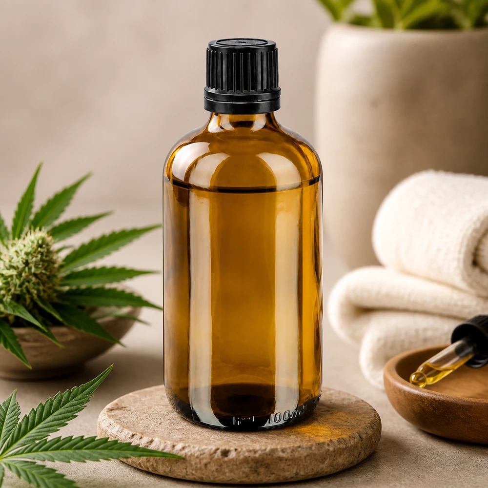 Lékárenská láhev hnědá 100ml kapací uzávěr prémiový 1mm černý tamper-evidentní uzávěr. 100ml Tropfflasche aus Braunglas mit OV neben gefalteten Handtüchern und Hanfpflanze