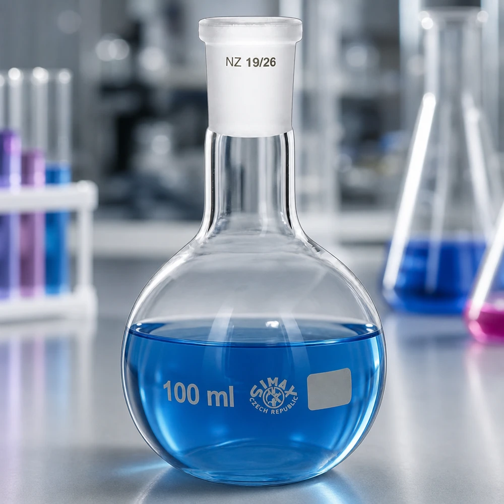 Baňka 100ml se standardním broušeným spojem (19/26) Chemiekolben 100ml aus hochwertigem Glas - ergonomische Form für sichere Handhabung