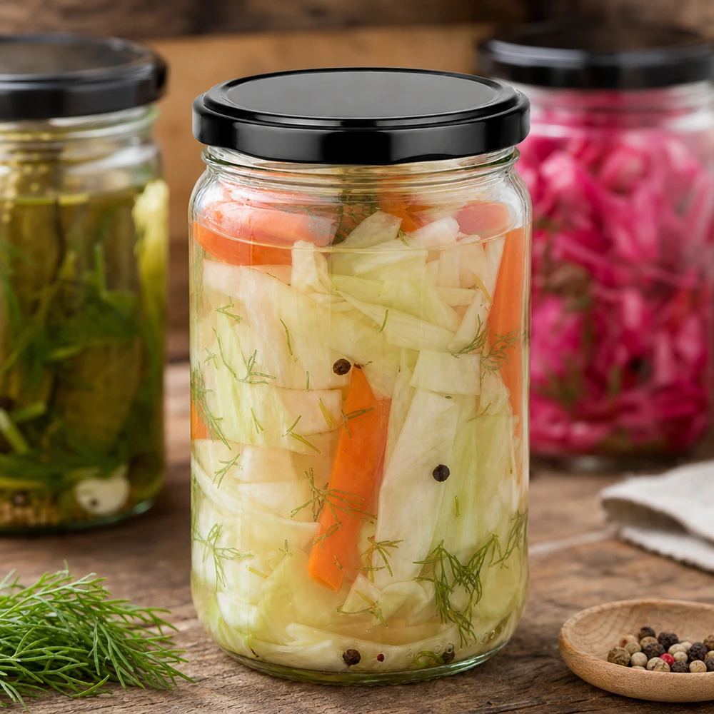 305ml kulatá sklenice s víčkem BasicSeal černá UNiTWIST 305ml Rundglas UNiTWIST mit schwarzem Deckel für eingelegtes Gemüse mit Dill und Gewürzen auf Holztisch